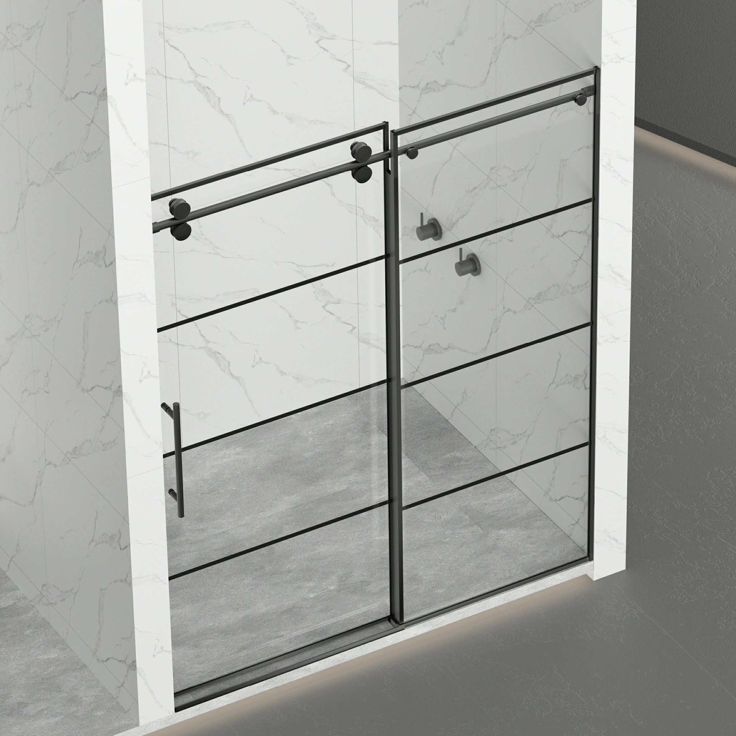 AISU 56-60" B x 72" H, mattschwarze rahmenlose Glasschiebetür mit Gitter, mit 5/16" (8 mm) klarem SGCC-Hartglas, leicht zu reinigen, mattschwarze Edelstahlgriffe