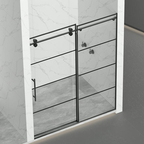 AISU 56-60" B x 72" H, mattschwarze rahmenlose Glasschiebetür mit Gitter, mit 5/16" (8 mm) klarem SGCC-Hartglas, leicht zu reinigen, mattschwarze Edelstahlgriffe