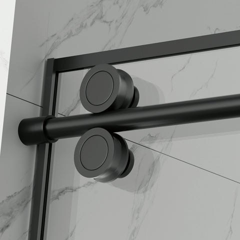 AISU 56-60" B x 72" H, mattschwarze rahmenlose Glasschiebetür mit Gitter, mit 5/16" (8 mm) klarem SGCC-Hartglas, leicht zu reinigen, mattschwarze Edelstahlgriffe