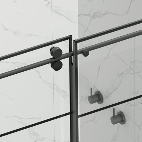 AISU 56-60" B x 72" H, mattschwarze rahmenlose Glasschiebetür mit Gitter, mit 5/16" (8 mm) klarem SGCC-Hartglas, leicht zu reinigen, mattschwarze Edelstahlgriffe