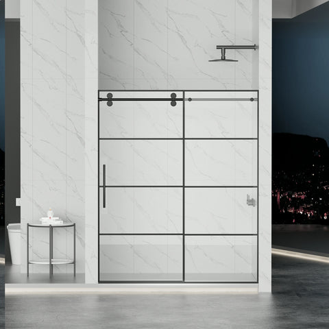 AISU 56-60" B x 72" H, mattschwarze rahmenlose Glasschiebetür mit Gitter, mit 5/16" (8 mm) klarem SGCC-Hartglas, leicht zu reinigen, mattschwarze Edelstahlgriffe