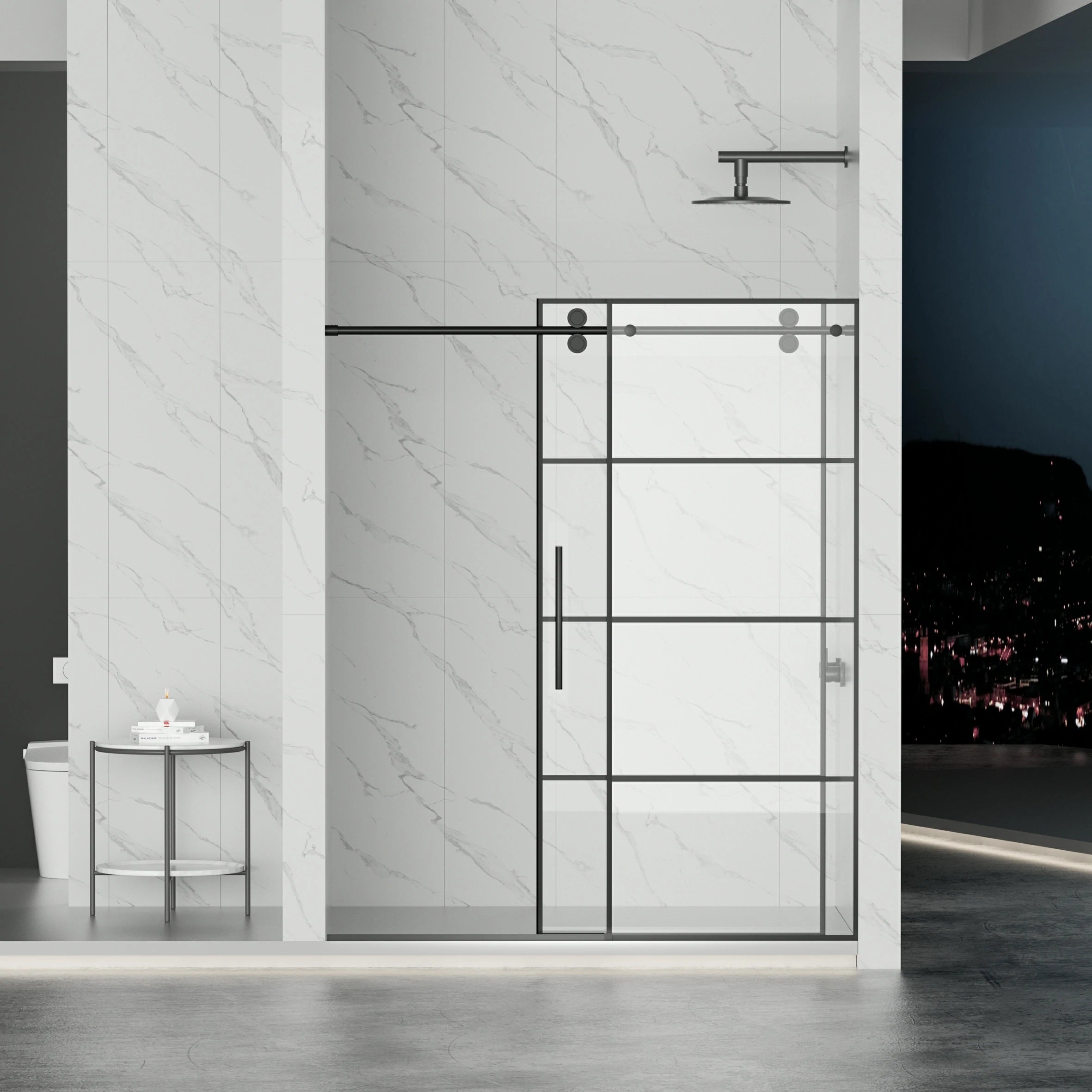 AISU 56-60" B x 72" H, mattschwarze rahmenlose Glasschiebetür mit Gitter, mit 5/16" (8 mm) klarem SGCC-Hartglas, leicht zu reinigen, mattschwarze Edelstahlgriffe