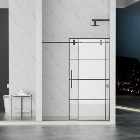 AISU 56-60" B x 72" H, mattschwarze rahmenlose Glasschiebetür mit Gitter, mit 5/16" (8 mm) klarem SGCC-Hartglas, leicht zu reinigen, mattschwarze Edelstahlgriffe