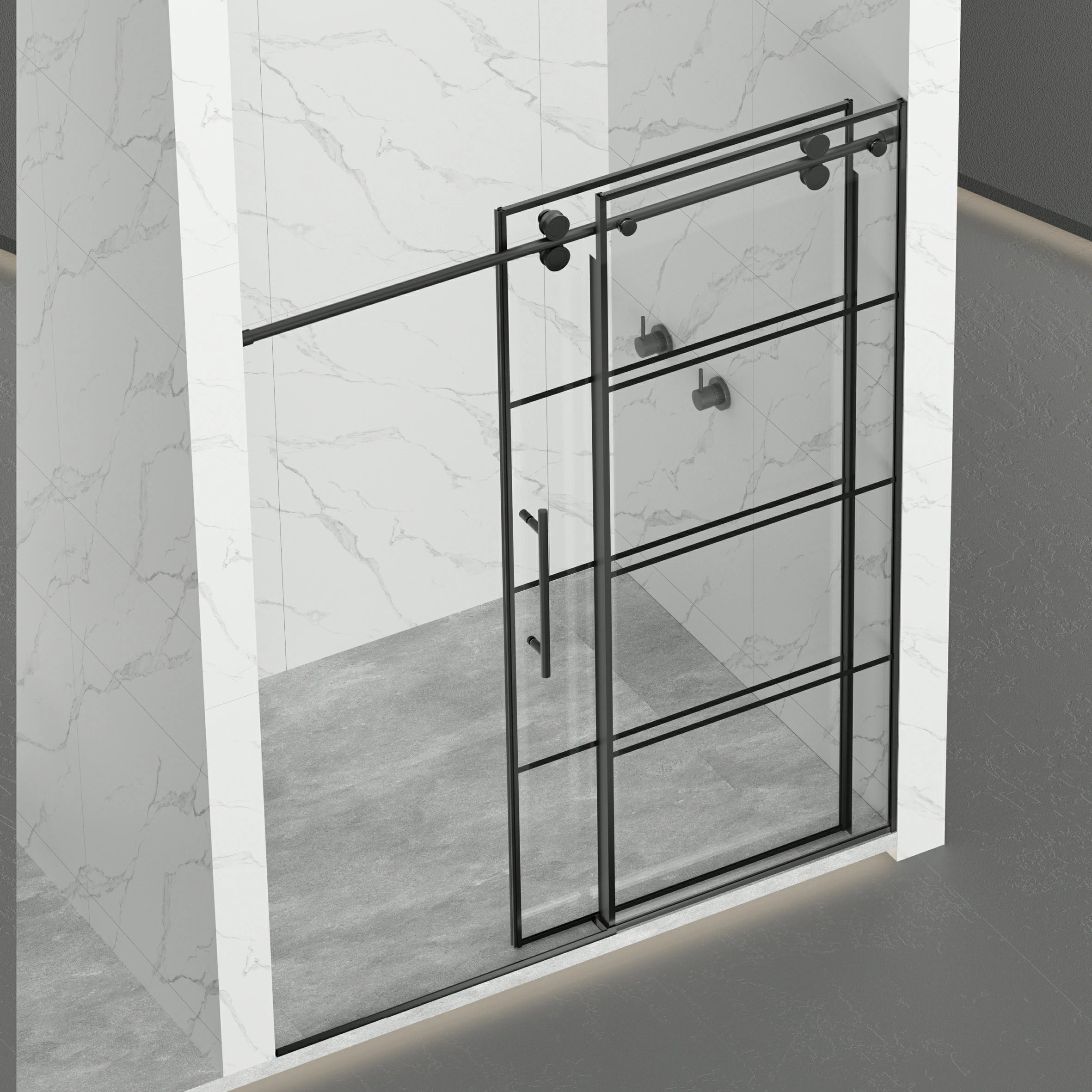 AISU 56-60" B x 72" H, mattschwarze rahmenlose Glasschiebetür mit Gitter, mit 5/16" (8 mm) klarem SGCC-Hartglas, leicht zu reinigen, mattschwarze Edelstahlgriffe