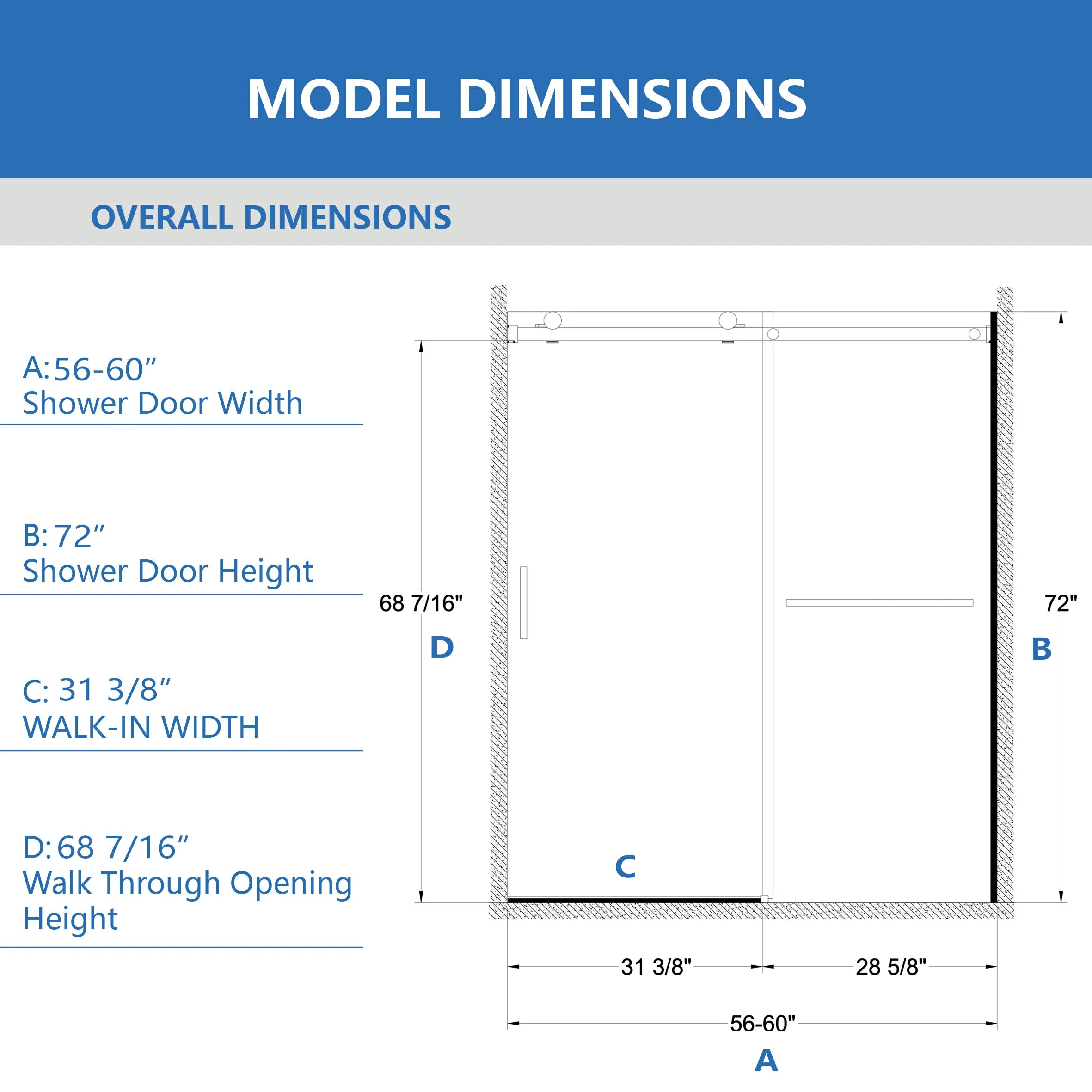 AISU 56-60" B × 72" H Rahmenlose Duschschiebetür, wasserdichte Glasduschtür mit oberem Soft-Close-System, 5/16" (8 mm) gehärtetes Glas, beidseitig leicht zu reinigende Beschichtung, Mattschwarz