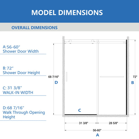 AISU 56-60" B × 72" H Rahmenlose Duschschiebetür, wasserdichte Glasduschtür mit oberem Soft-Close-System, 5/16" (8 mm) gehärtetes Glas, beidseitig leicht zu reinigende Beschichtung, Mattschwarz