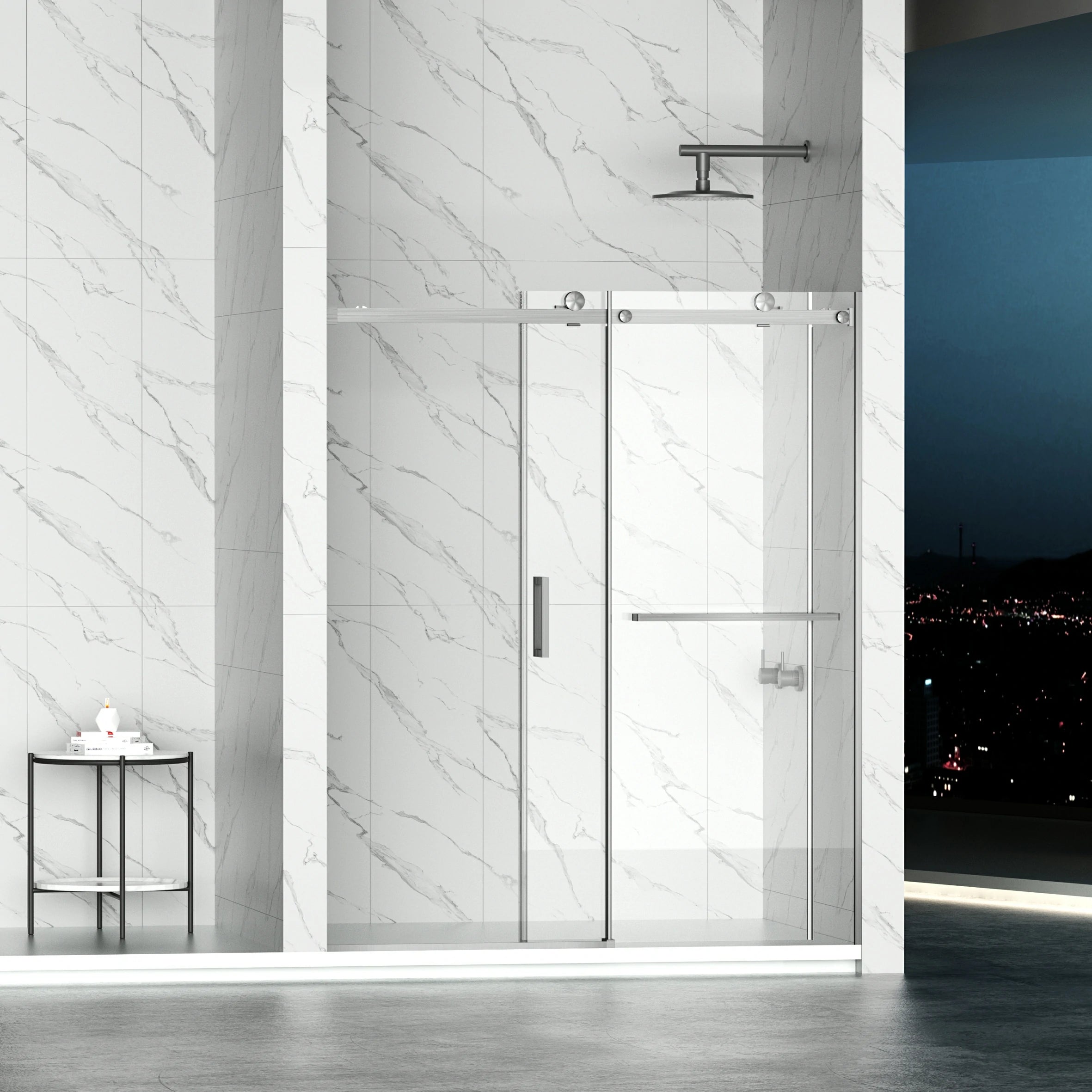 AISU 56-60" B × 72" H Rahmenlose Duschschiebetür, wasserdichte Glasduschtür mit oberem Soft-Close-System, 5/16" (8 mm) gehärtetes Glas, beidseitig leicht zu reinigende Beschichtung, gebürstetes Nickel