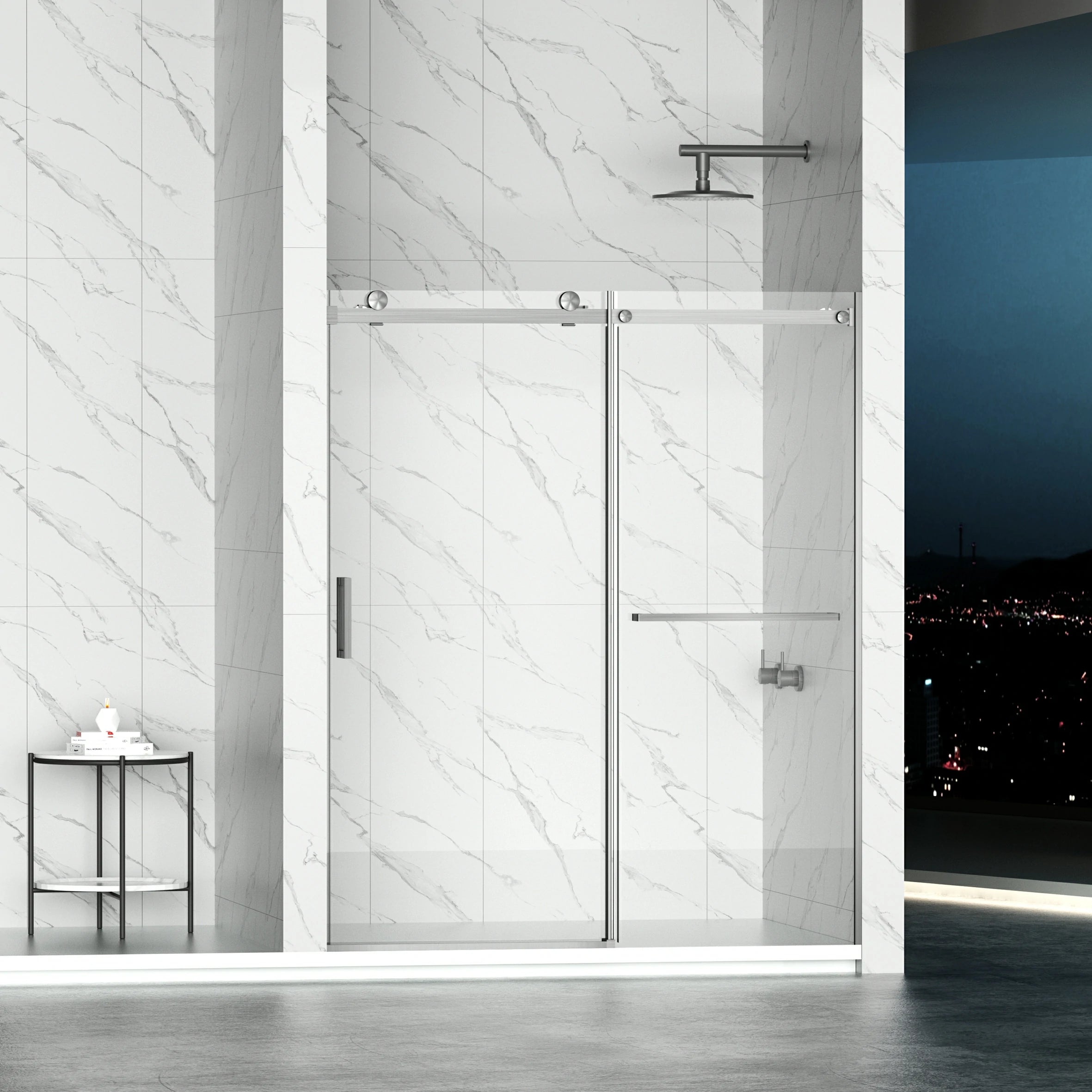 AISU 56-60" B × 72" H Rahmenlose Duschschiebetür, wasserdichte Glasduschtür mit oberem Soft-Close-System, 5/16" (8 mm) gehärtetes Glas, beidseitig leicht zu reinigende Beschichtung, gebürstetes Nickel