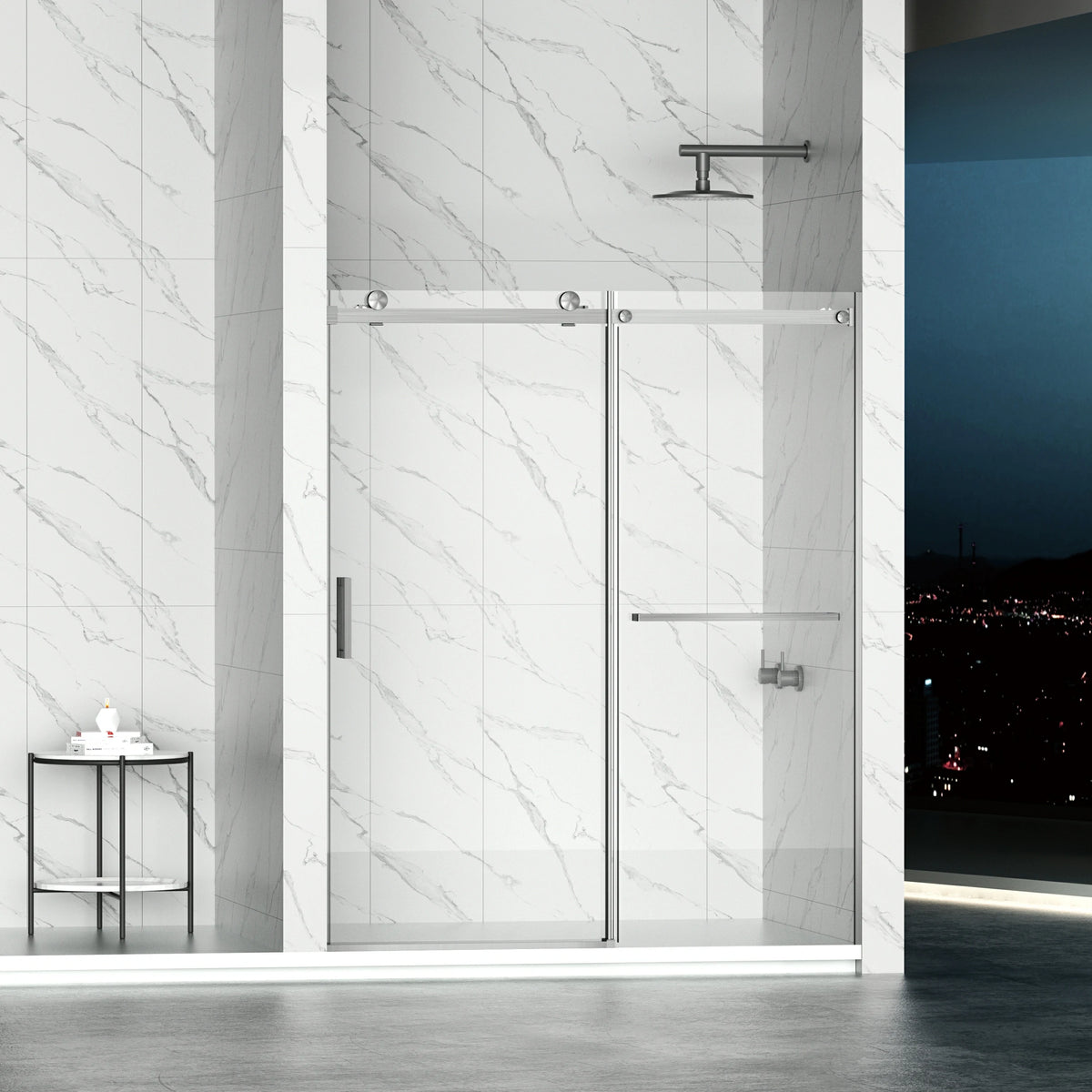 AISU 56-60" B × 72" H Rahmenlose Duschschiebetür, wasserdichte Glasduschtür mit oberem Soft-Close-System, 5/16" (8 mm) gehärtetes Glas, beidseitig leicht zu reinigende Beschichtung, gebürstetes Nickel