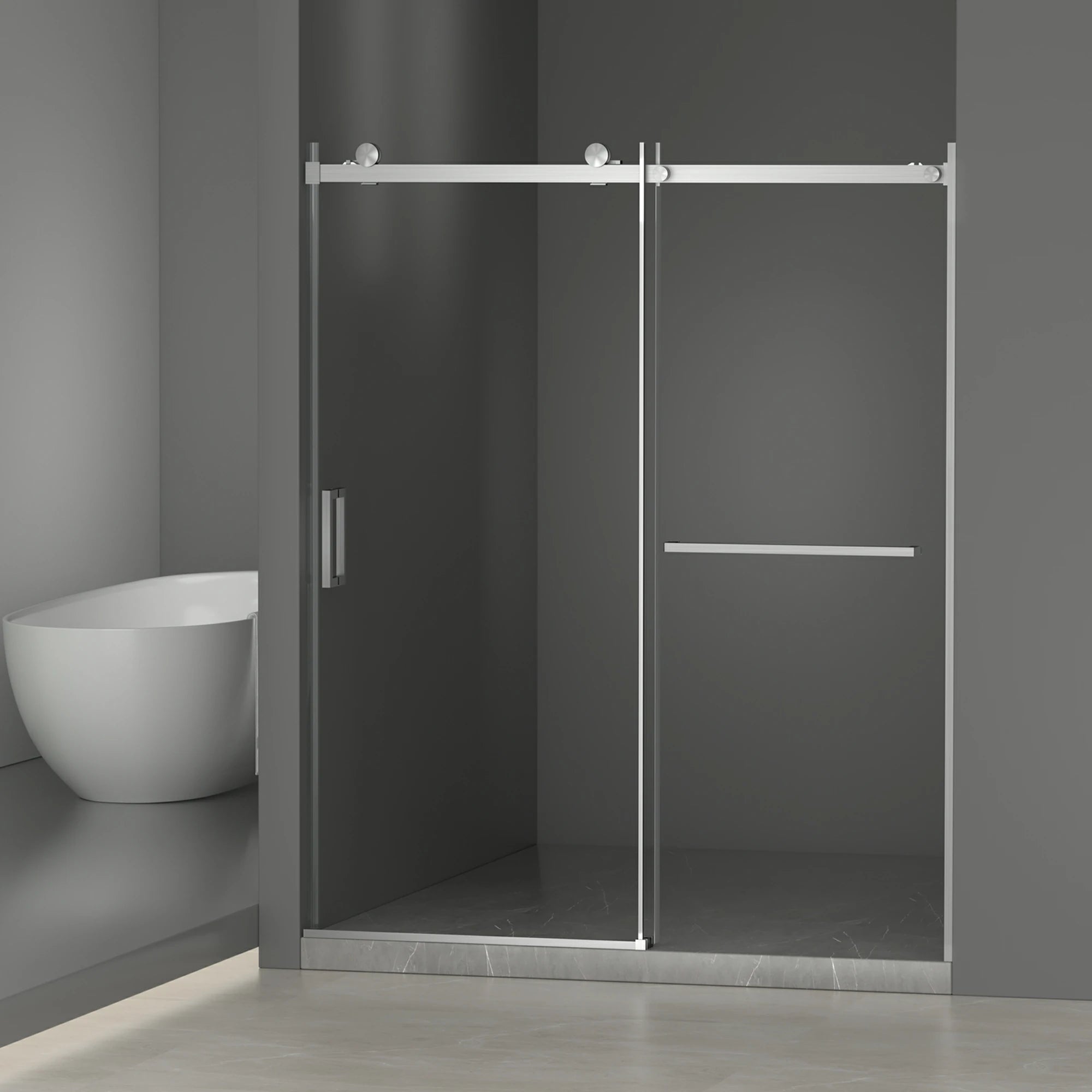 AISU 56-60" B × 72" H Rahmenlose Duschschiebetür, wasserdichte Glasduschtür mit oberem Soft-Close-System, 5/16" (8 mm) gehärtetes Glas, beidseitig leicht zu reinigende Beschichtung, gebürstetes Nickel