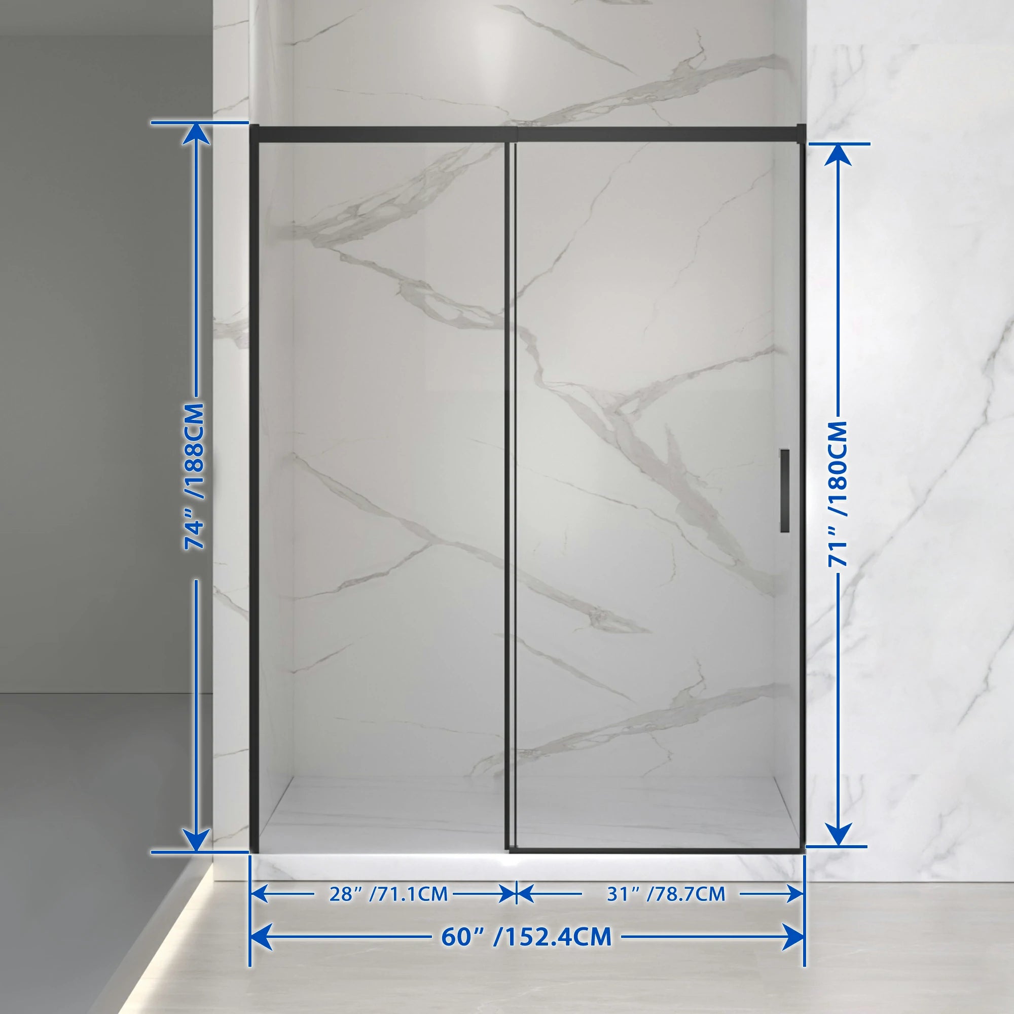 AISU 56-60" B x 74" H Halbrahmenlose Schiebetür für Dusche, 1/4" (6 mm) klares SGCC-Hartglas, mattschwarze Oberfläche, verstellbare Breite – kein Zuschneiden erforderlich
