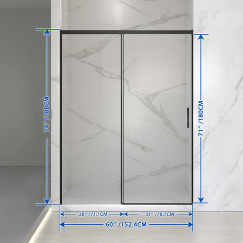 AISU 56-60" B x 74" H Halbrahmenlose Schiebetür für Dusche, 1/4" (6 mm) klares SGCC-Hartglas, mattschwarze Oberfläche, verstellbare Breite – kein Zuschneiden erforderlich
