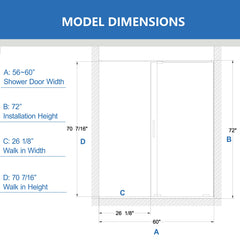 AISU 56-60" W x 72" H Semi-Frameless Sliding Shower Door, 5/16"(8mm) Clear SCGG Tempered Glass, Matte Black Finish, Cut Adjustable Width 4"