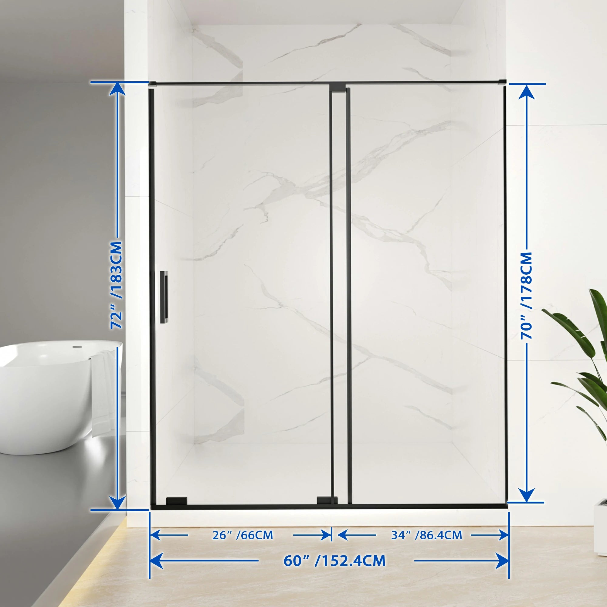 AISU 56-60" B x 72" H Halbrahmenlose Schiebetür für Dusche, 5/16" (8 mm) klares SCGG-Hartglas, mattschwarze Oberfläche, Schnittbreite einstellbar 4"