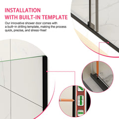 AISU 56-60" W x 72" H Semi-Frameless Sliding Shower Door, 5/16"(8mm) Clear SCGG Tempered Glass, Matte Black Finish, Cut Adjustable Width 4"