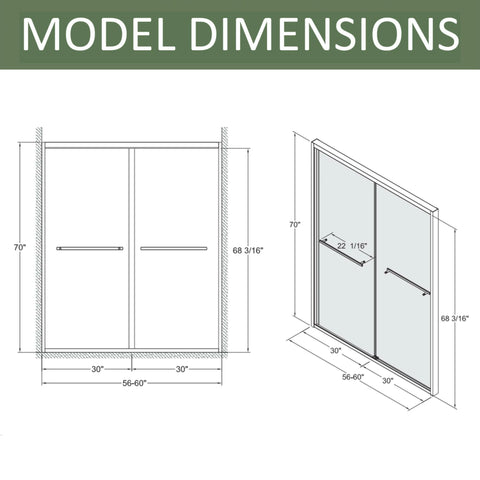 AISU 56-60"x70" Aluminiumrahmen, doppelte Schiebetür für Dusche, Bypass-Schiebetür für Badezimmer mit hochwertigem 5/16" (8 mm) klarem gehärtetem Glas, Chrombeschläge, Schiebetür aus Glas, verchromt