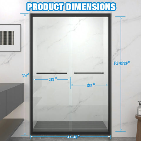 AISU 44-48"x72" Aluminiumrahmen, doppelte Schiebetür für Dusche, Bypass-Badezimmer-Schiebetür mit hochwertigem 5/16" (8 mm) klarem gehärtetem Glas, schwarze Beschläge, Schiebetür aus Glas, mattschwarzes Finish