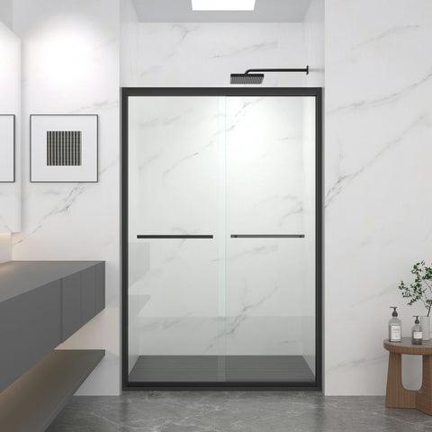 AISU 44-48"x72" Aluminiumrahmen, doppelte Schiebetür für Dusche, Bypass-Badezimmer-Schiebetür mit hochwertigem 5/16" (8 mm) klarem gehärtetem Glas, schwarze Beschläge, Schiebetür aus Glas, mattschwarzes Finish