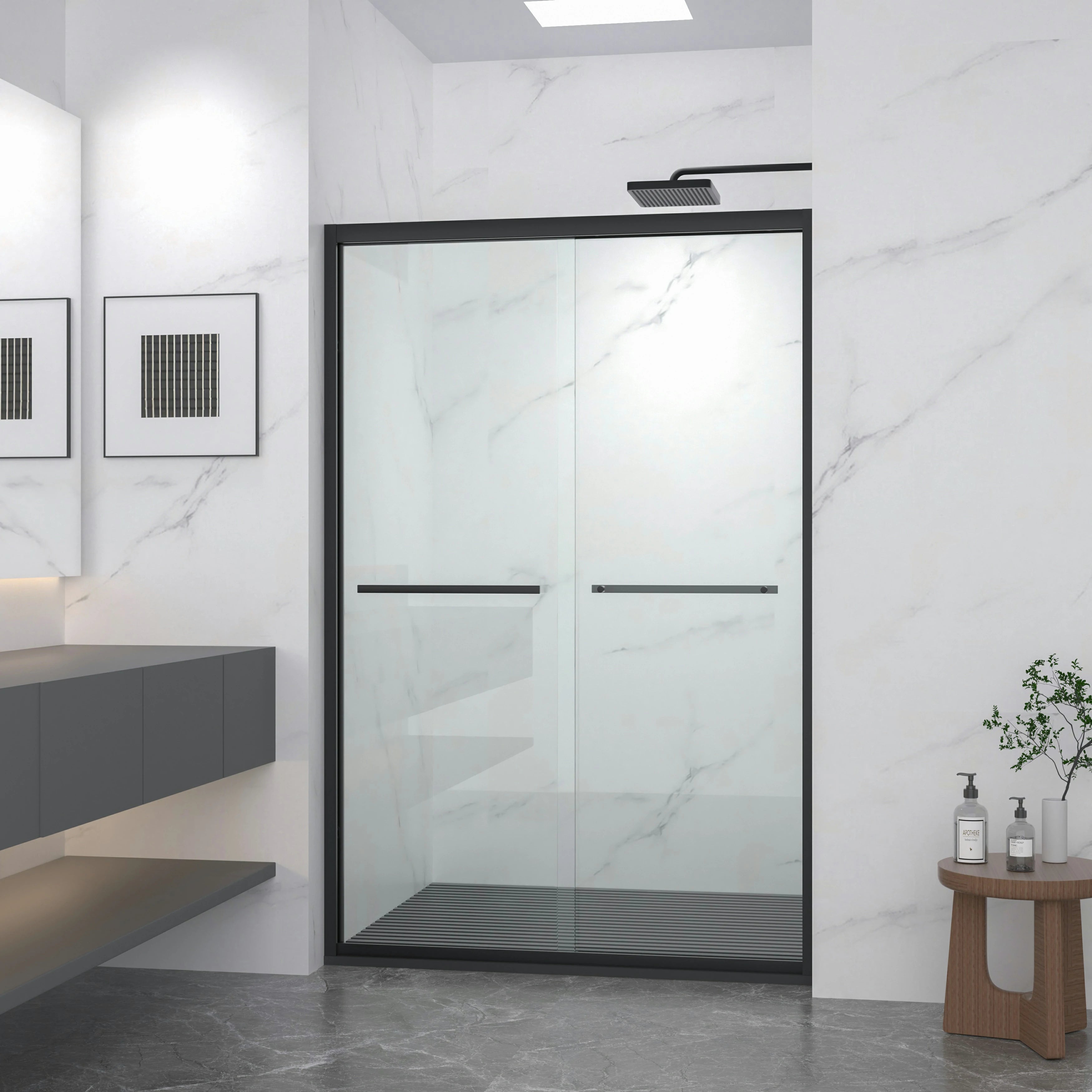 AISU 44-48"x72" Aluminiumrahmen, doppelte Schiebetür für Dusche, Bypass-Badezimmer-Schiebetür mit hochwertigem 5/16" (8 mm) klarem gehärtetem Glas, schwarze Beschläge, Schiebetür aus Glas, mattschwarzes Finish