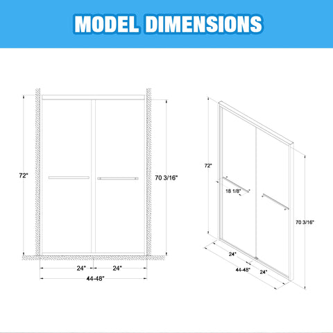 AISU 44-48"x72" Aluminiumrahmen, doppelte Schiebetür für Dusche, Bypass-Badezimmer-Schiebetür mit hochwertigem 5/16" (8 mm) klarem gehärtetem Glas, schwarze Beschläge, Schiebetür aus Glas, mattschwarzes Finish