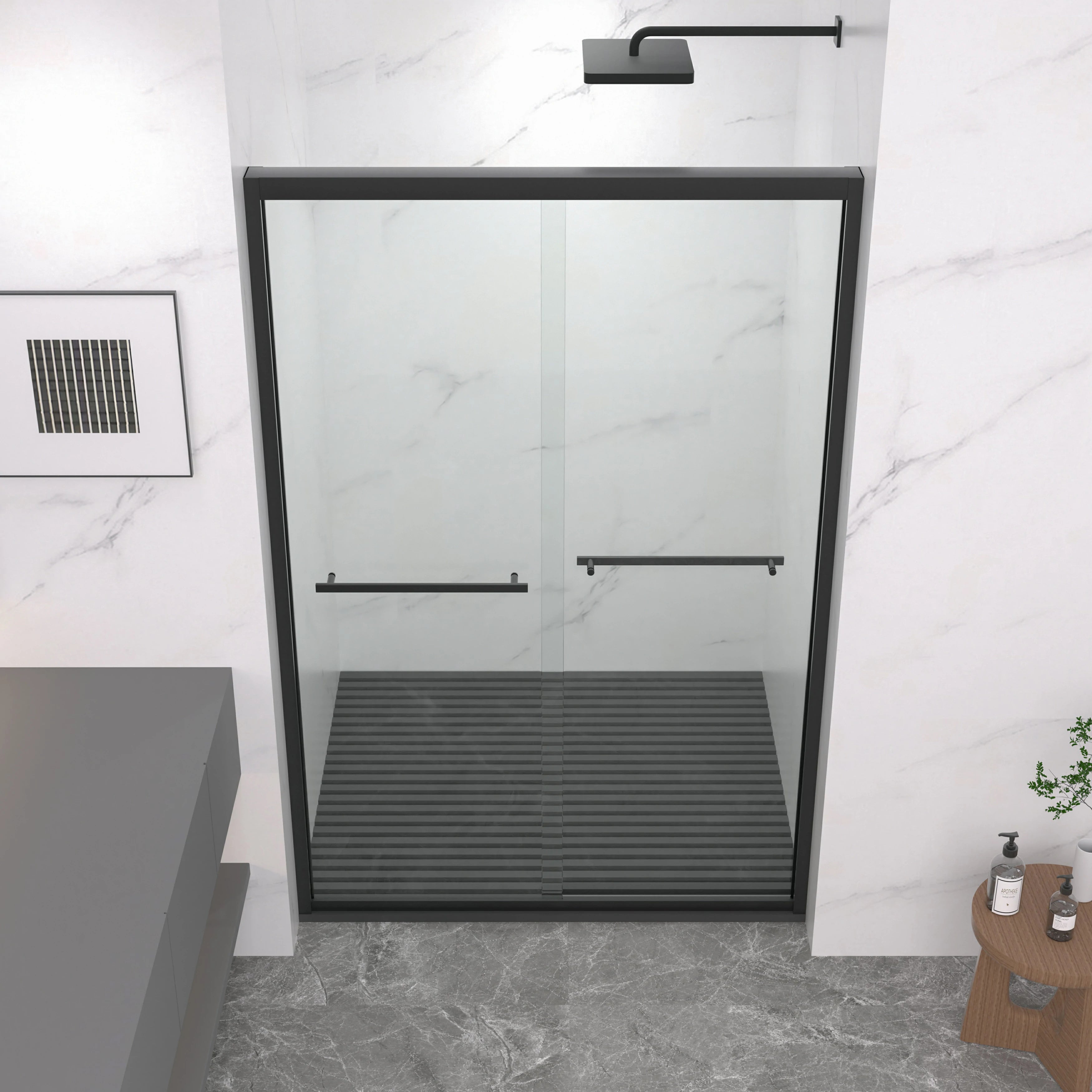 AISU 44-48"x72" Aluminiumrahmen, doppelte Schiebetür für Dusche, Bypass-Badezimmer-Schiebetür mit hochwertigem 5/16" (8 mm) klarem gehärtetem Glas, schwarze Beschläge, Schiebetür aus Glas, mattschwarzes Finish