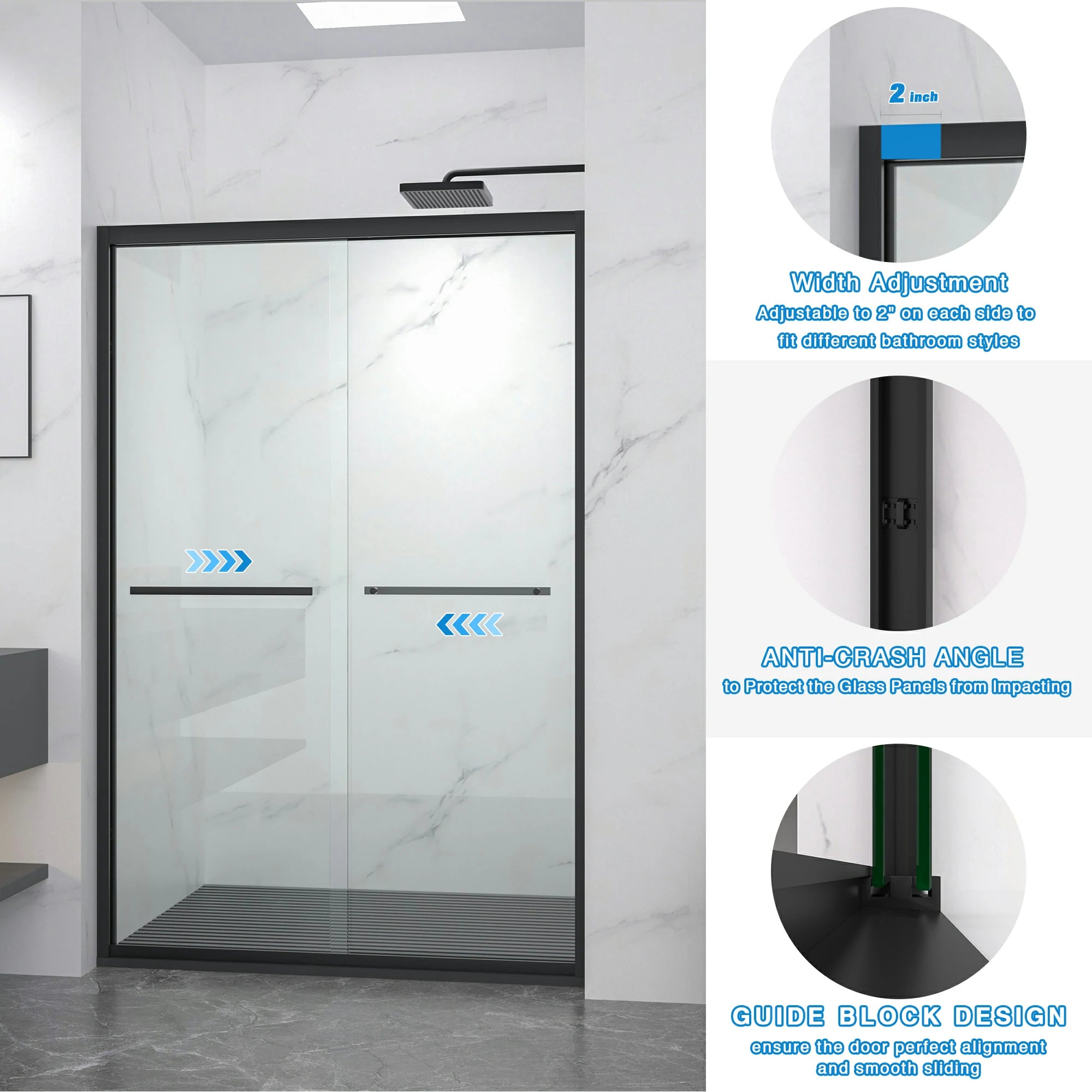 AISU 44-48"x72" Aluminiumrahmen, doppelte Schiebetür für Dusche, Bypass-Badezimmer-Schiebetür mit hochwertigem 5/16" (8 mm) klarem gehärtetem Glas, schwarze Beschläge, Schiebetür aus Glas, mattschwarzes Finish