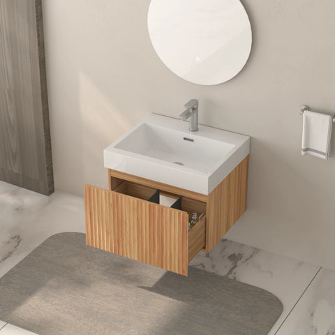 AISU Stripe Badezimmer-Waschtisch mit integriertem Waschbecken, Akazienfarbe