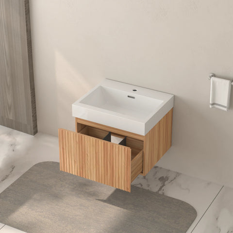 AISU Stripe Badezimmer-Waschtisch mit integriertem Waschbecken, Akazienfarbe