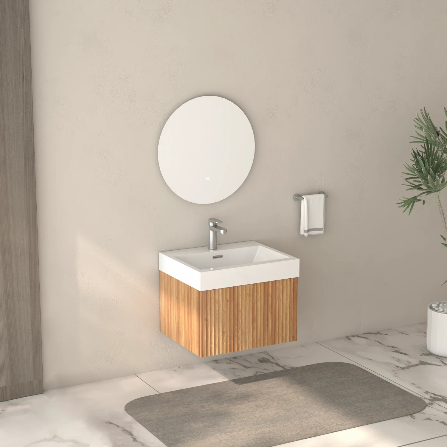 AISU Stripe Badezimmer-Waschtisch mit integriertem Waschbecken, Akazienfarbe