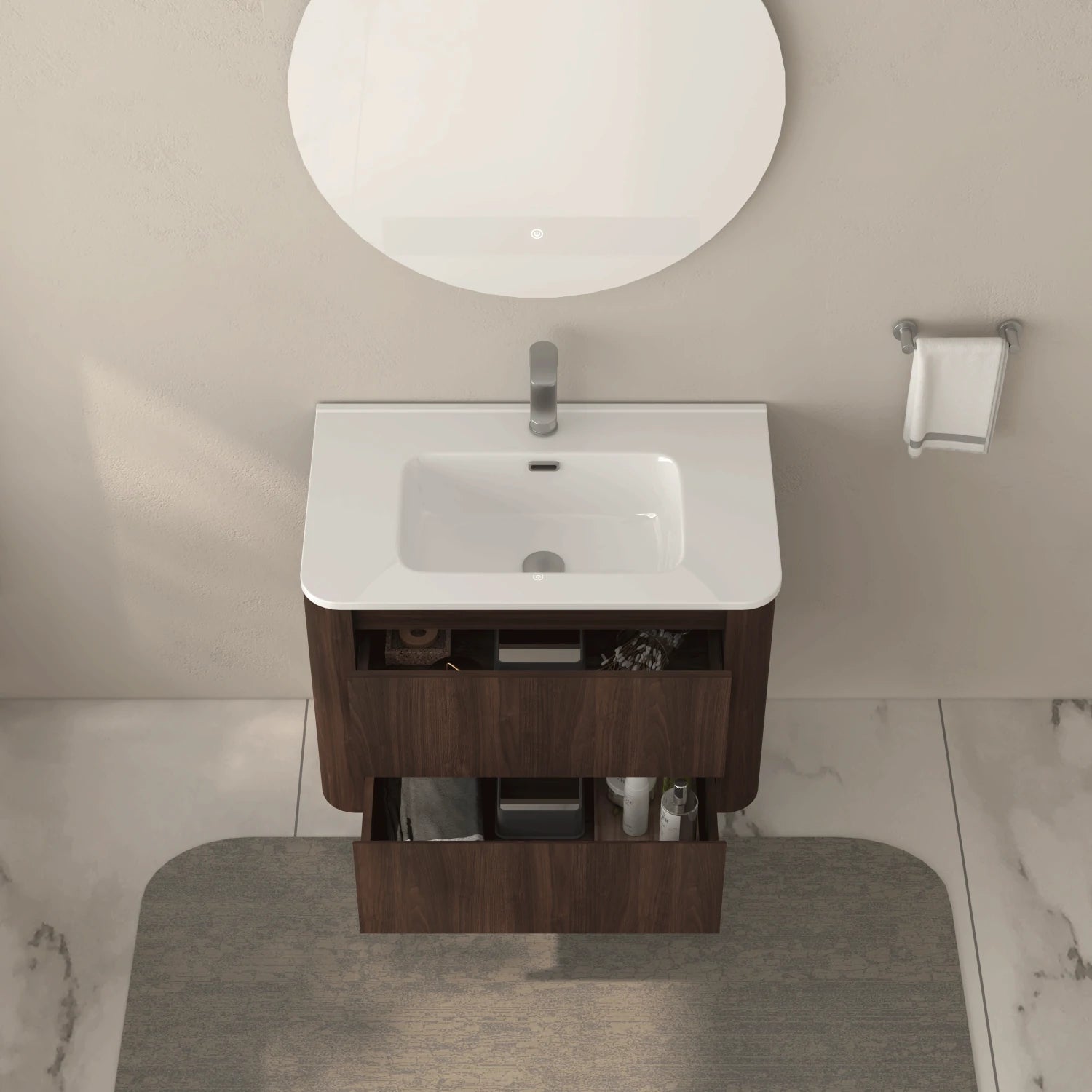 AISU Wall-Mounted Bathroom Vanity Dark Walnut with White Ceramic Integrated Sink