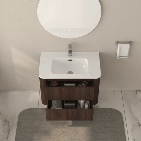 AISU Wall-Mounted Bathroom Vanity Dark Walnut with White Ceramic Integrated Sink