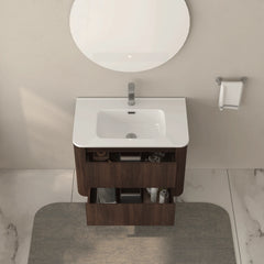 AISU Wall-Mounted Bathroom Vanity Dark Walnut with White Ceramic Integrated Sink