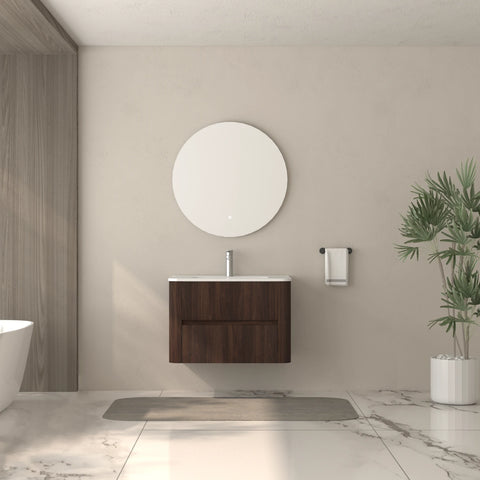 AISU Wall-Mounted Bathroom Vanity Dark Walnut with White Ceramic Integrated Sink