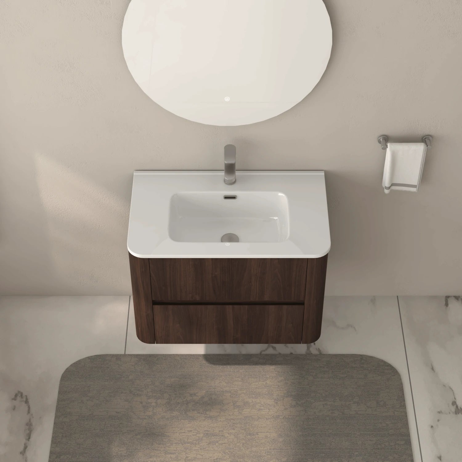 AISU Wall-Mounted Bathroom Vanity Dark Walnut with White Ceramic Integrated Sink