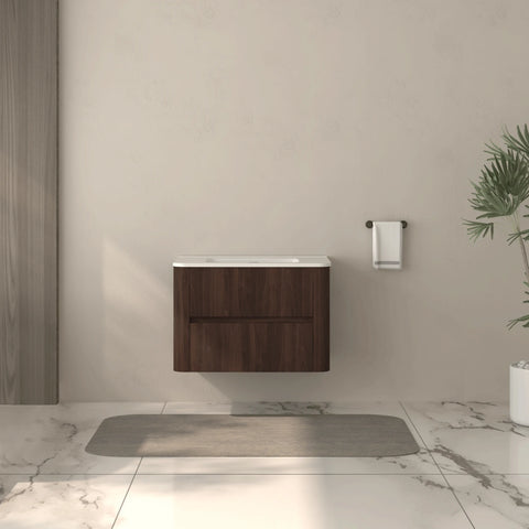 AISU Wall-Mounted Bathroom Vanity Dark Walnut with White Ceramic Integrated Sink