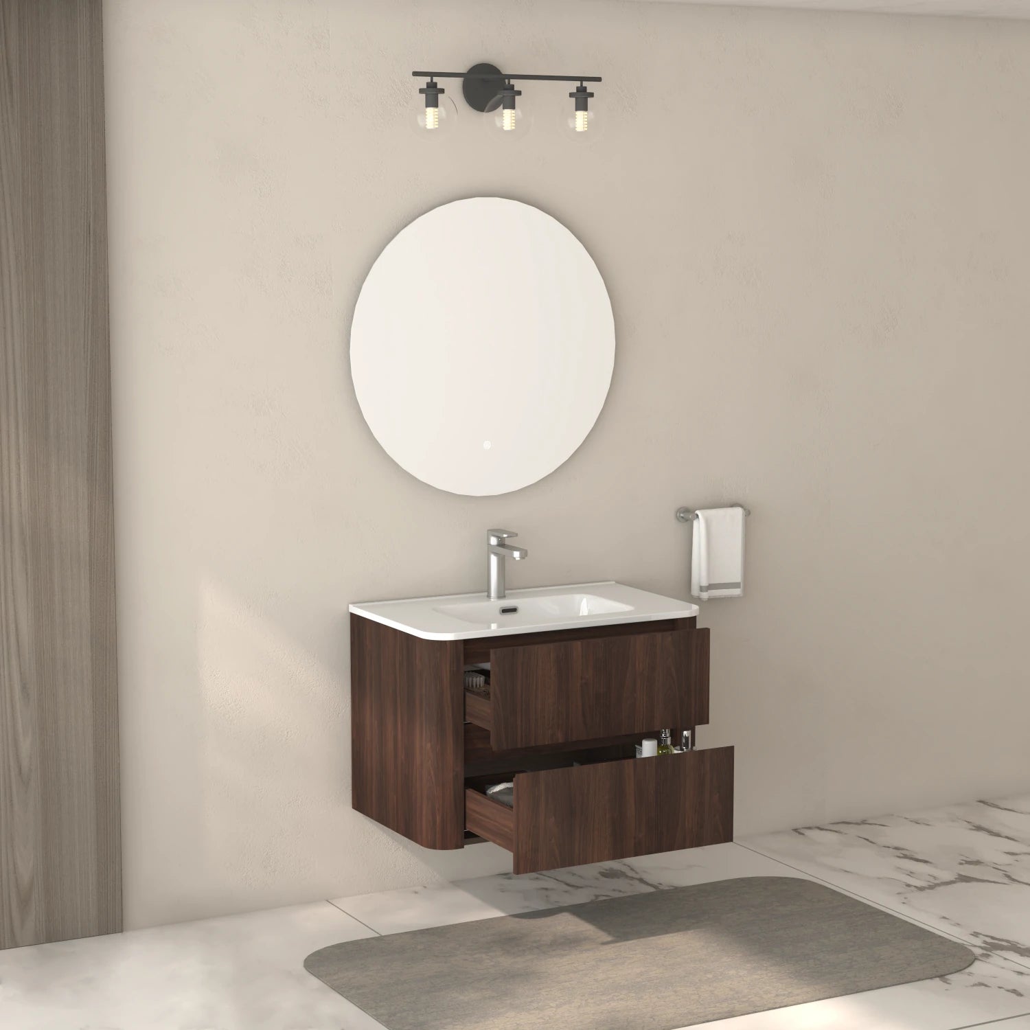 AISU Wall-Mounted Bathroom Vanity Dark Walnut with White Ceramic Integrated Sink