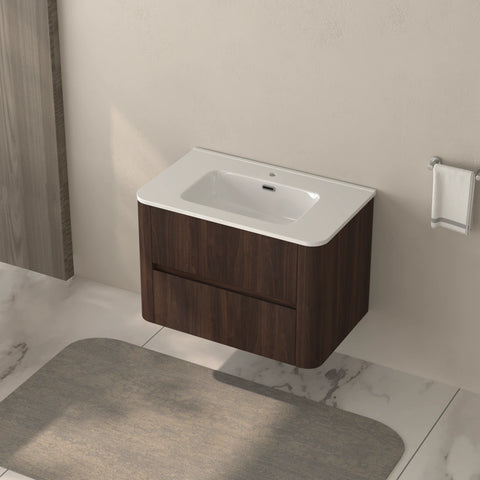 AISU Wall-Mounted Bathroom Vanity Dark Walnut with White Ceramic Integrated Sink