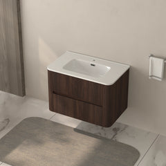 AISU Wall-Mounted Bathroom Vanity Dark Walnut with White Ceramic Integrated Sink