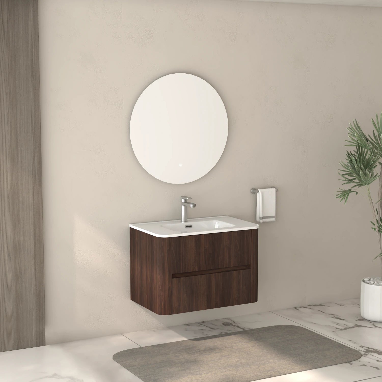 AISU Wall-Mounted Bathroom Vanity Dark Walnut with White Ceramic Integrated Sink