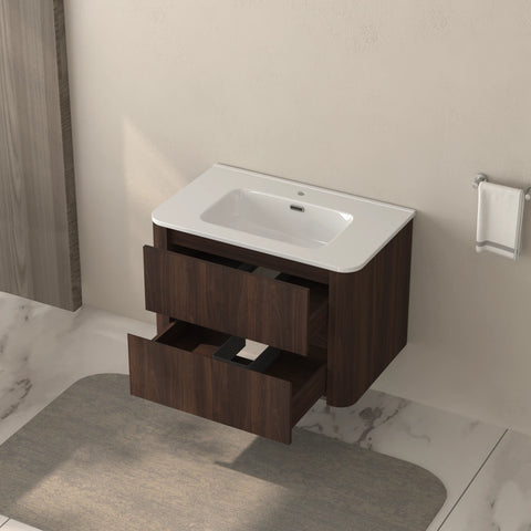 AISU Wall-Mounted Bathroom Vanity Dark Walnut with White Ceramic Integrated Sink