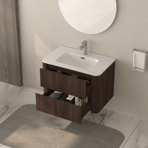 AISU Wall-Mounted Bathroom Vanity Dark Walnut with White Ceramic Integrated Sink