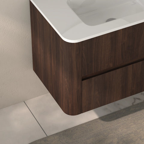 AISU Wall-Mounted Bathroom Vanity Dark Walnut with White Ceramic Integrated Sink