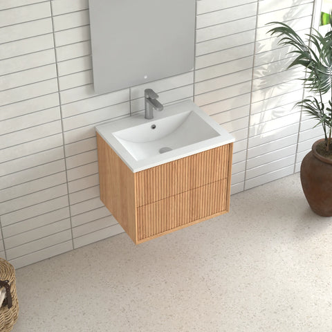 AISU Badezimmer-Waschtisch-Set aus Massivholz mit 2 Schubladen, integriertem Waschbecken aus weißem Kunstharz