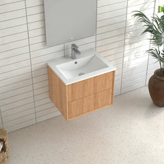 AISU Solid Wood Floating Bathroom Vanity Set with 2 Storage Drawers, White Resin Integrated Basin