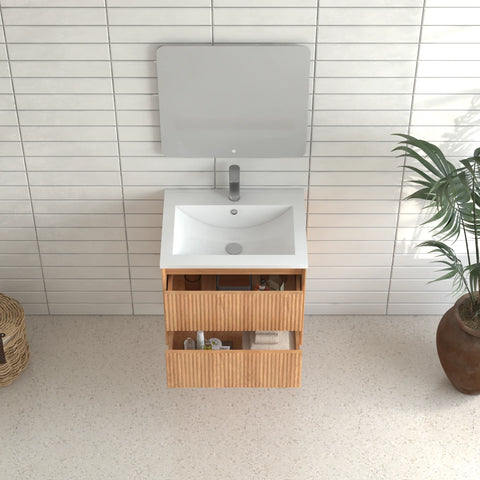 AISU Badezimmer-Waschtisch-Set aus Massivholz mit 2 Schubladen, integriertem Waschbecken aus weißem Kunstharz