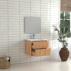 AISU Solid Wood Floating Bathroom Vanity Set with 2 Storage Drawers, White Resin Integrated Basin