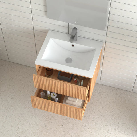 AISU Badezimmer-Waschtisch-Set aus Massivholz mit 2 Schubladen, integriertem Waschbecken aus weißem Kunstharz