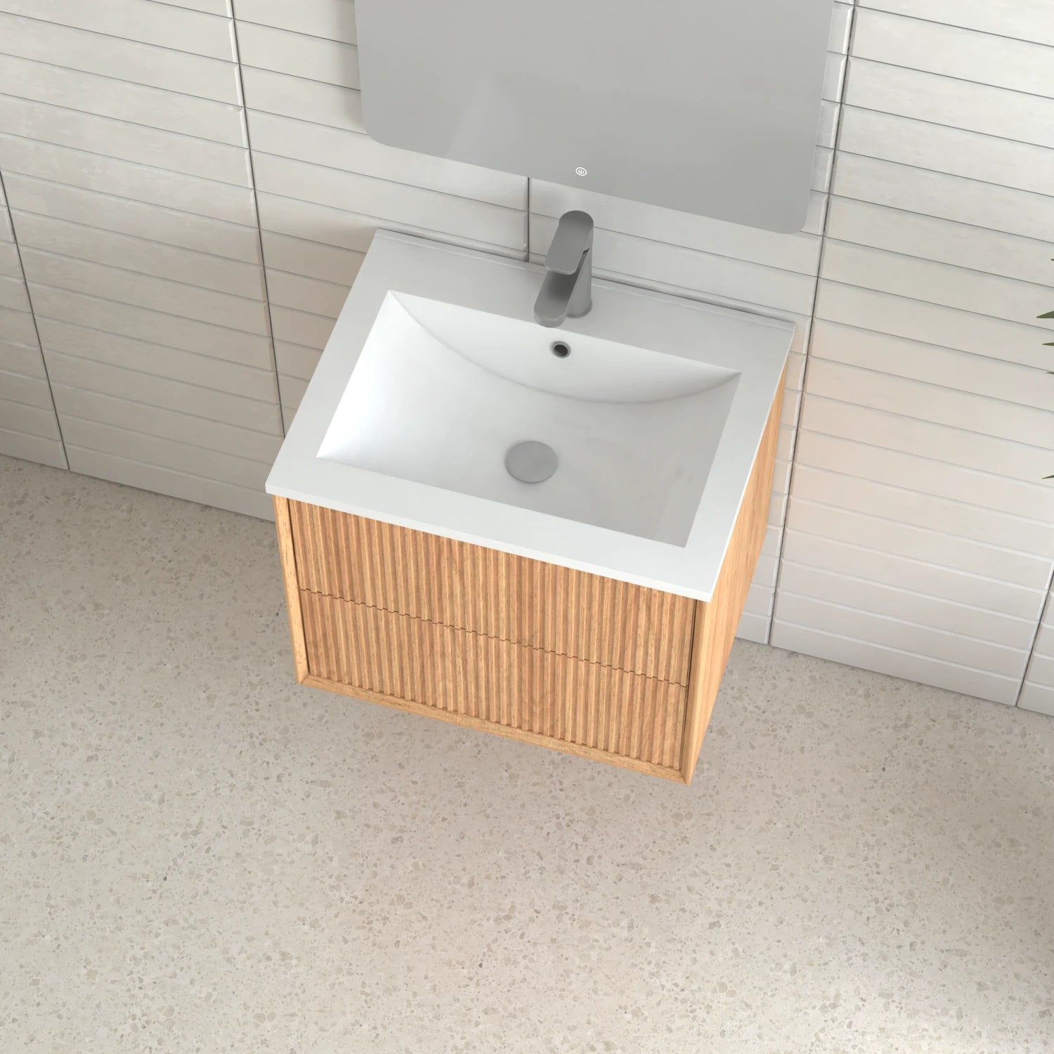 AISU Badezimmer-Waschtisch-Set aus Massivholz mit 2 Schubladen, integriertem Waschbecken aus weißem Kunstharz