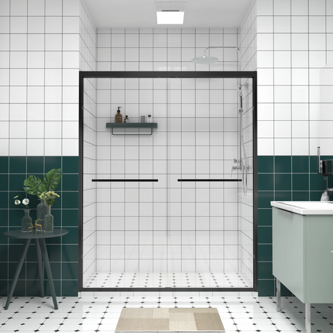 AISU Aluminum Frame Double Sliding Shower Door, Premium 1/4" (6mm) Clear Tempered Glass, Matte Black Finished
