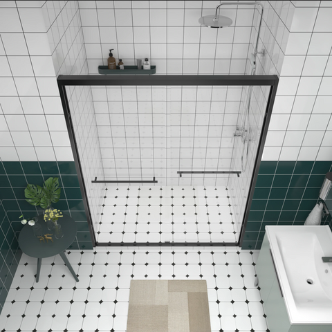 AISU Aluminum Frame Double Sliding Shower Door, Premium 1/4" (6mm) Clear Tempered Glass, Matte Black Finished